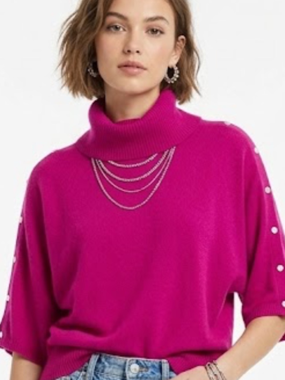 Vintage Magenta Knit Cowl Neck
Sweater Faux Crystal Button
Shoulder Accents